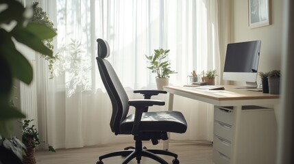 Chronic back pain relief through proper posture correction at a home office desk. Featuring alignment and comfort