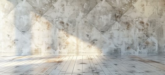 Fototapeta premium Sunlit Room Interior with Distressed Whitewashed Walls and Weathered Wood Floor