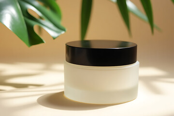 Minimalist Cosmetic Jar with Black Lid on Beige Background. 3d render.