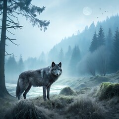 Majestic Grey Wolf in a Mystical Foggy Forest Under Moonlight