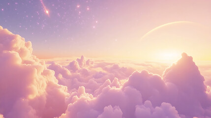 Dreamy Pastel Sky with Fluffy Clouds and Sparkling Stars,A dreamy,pastel sky filled with fluffy clouds at sunset,dreamy sky with pastel clouds and twinkling stars,sparkling stars, pink fantasy sky,Ai