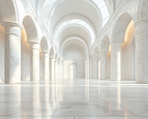 Obraz premium Sunlit white marble hall with columns and arches.