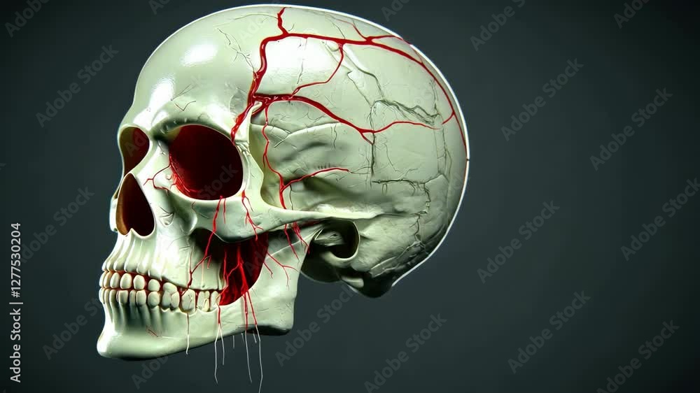 Poster detailed 3d rendering of human skull with visible red veins and cracks, showcasing anatomical featur