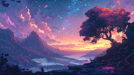 Vibrant sunset over mountains with a silhouetted tree and starry sky