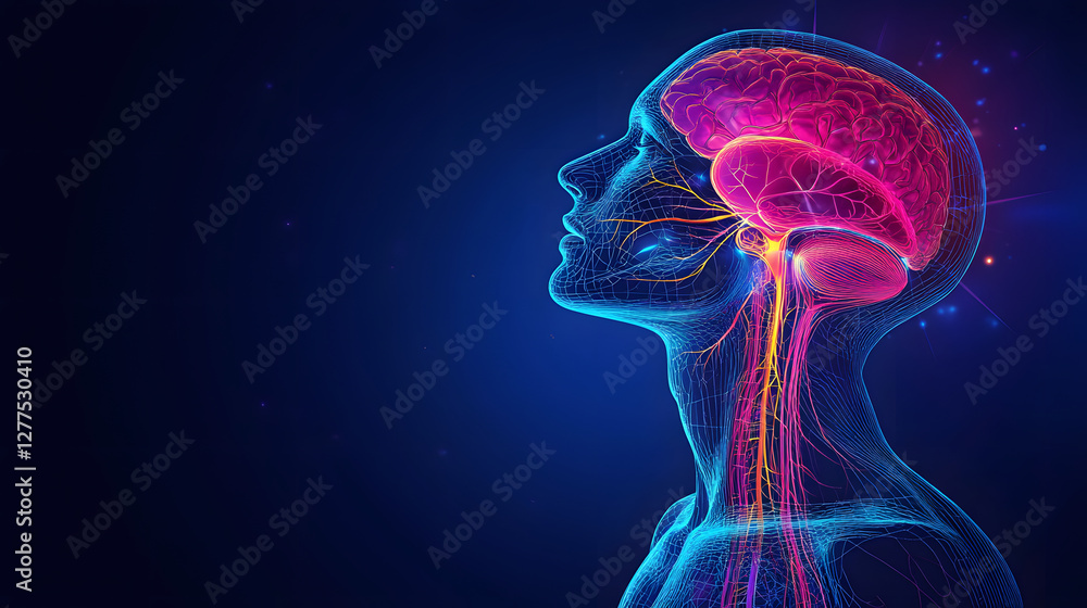 Poster digital illustration of a human head with a glowing brain and neural pathways