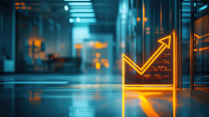 Glowing upward arrow graph on digital screen symbolizing positive company growth and future outlook, representing business success and financial progress.