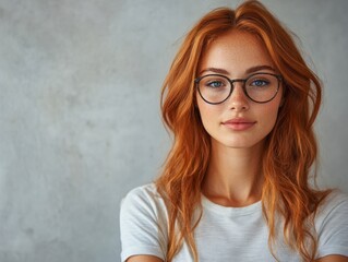 Fototapeta premium Young Woman with Glasses Exhibiting Confidence and Success in a Modern and Realistic Setting