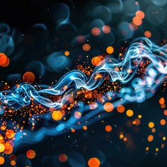 Obraz premium A vibrant, abstract image featuring swirling lines and glowing particles in shades of blue and orange, creating a dynamic visual effect.