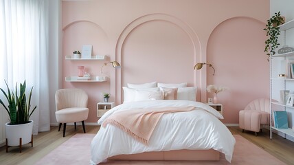 Blush Pink Bedroom Decor Arch Walls, Modern Bed, Elegant Style
