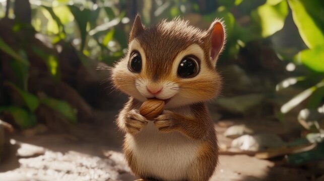 Cute cartoon chipmunk holding an acorn in a lush green forest