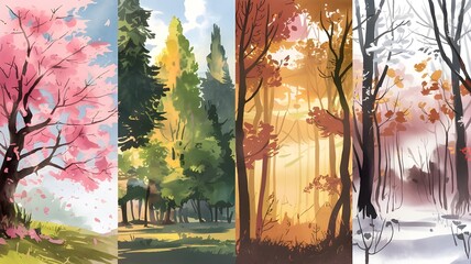 Four Seasons Nature Art – Stunning Watercolor Landscape for Decor & Prints