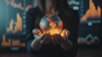 Fototapeta premium interacting with virtual technology and holding a globe