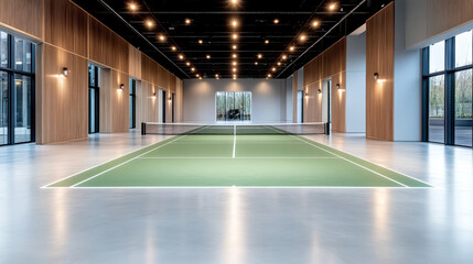 Futuristic indoor tennis court with AI tracking and modern design