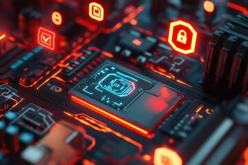 Obraz premium A close-up of a cybersecurity chip on a motherboard, with floating icons of digital locks, secure data encryption, and online privacy protection.