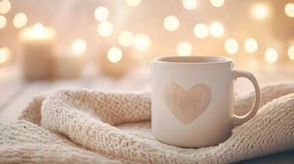cozy mug with heart design sits on soft blanket, surrounded by warm candlelight and soft bokeh lights, creating serene atmosphere perfect for relaxation