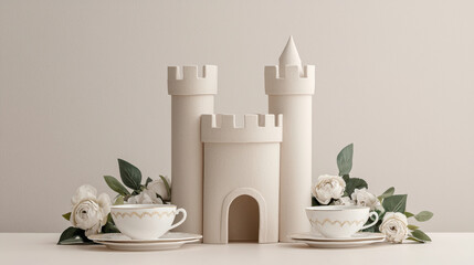 Elegant castle centerpiece with tea cups and white roses for themed party, Happy Birthday Anniversary Theme.