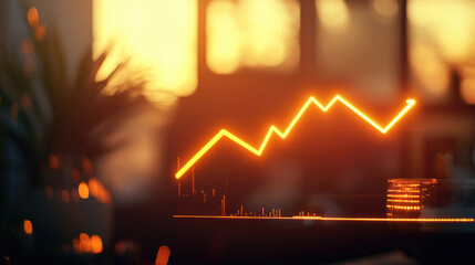 Glowing upward arrow graph on digital screen symbolizing positive company growth and future outlook, representing business success and financial progress.