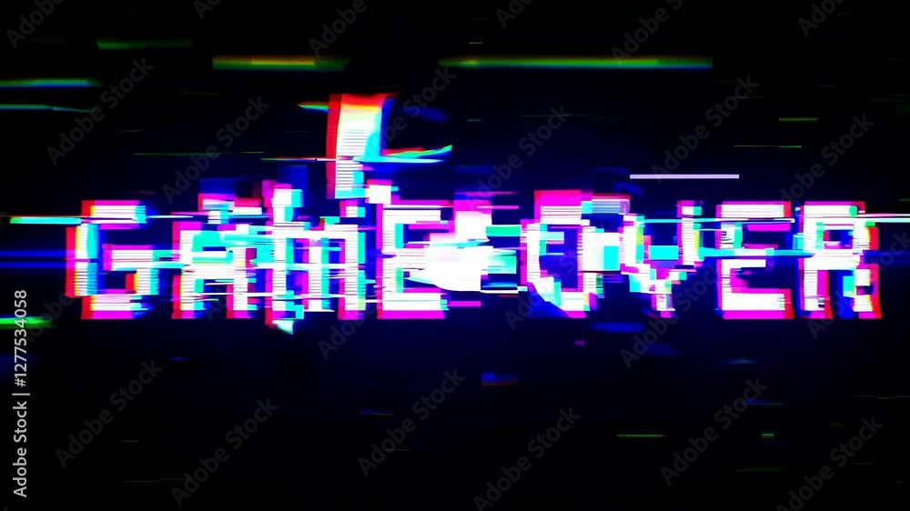 Aufkleber glitchy 'game over' screen with distorted colors on black background, retro and digital aesthetic. v