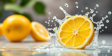 Fresh and juicy lemon slices splashing in water with bokeh background, perfect for beverage advertising, lemon, ai generated, water