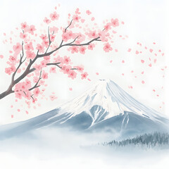 serene ink wash painting of Mount Fuji surrounded by cherry blossoms, capturing beauty of nature and tranquility. soft colors evoke peaceful atmosphere