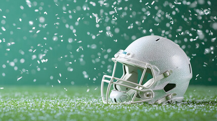 white football helmet on green field with confetti falling, creating festive atmosphere. scene captures excitement of game celebration