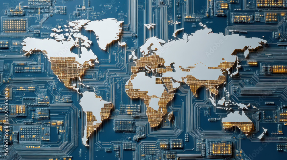 Poster world map design with circuit board patterns, symbolizing technology and connectivity