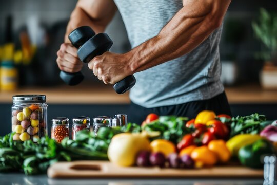 A close-up of a fitness trainer&acirc;&euro;&trade;s hands holding a dumbbell, with a table of healthy food in the background
