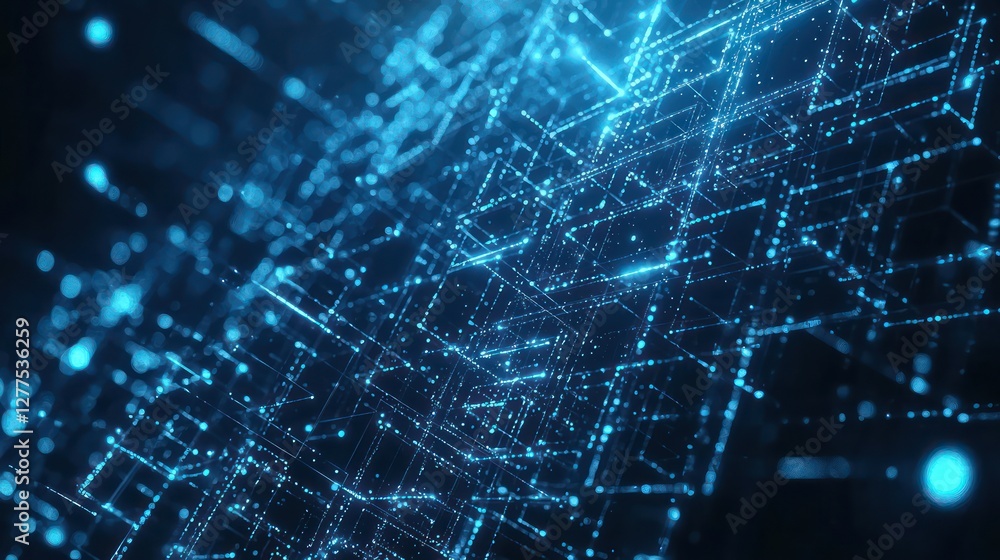Poster blue glowing spectrum grids overlap to form intricate hexagonal shapes over a black void, perfect fo