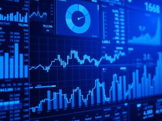 High tech visualization of digital financial data and charts in blue tones, symbolizing analytics, stock market insights, and financial technology, data, analytics, finance