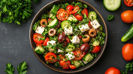 Fresh Mediterranean salad with tomatoes, cucumbers, olives, and feta cheese