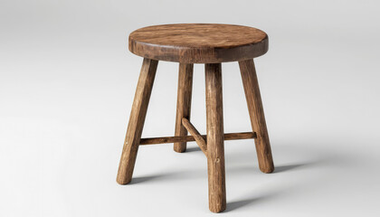 Rustic wooden stool with three legs isolated on white background, vintage furniture with textured wood surface
