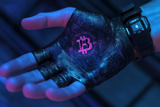 A close-up of a hand with biometric sensors being used to authenticate a Bitcoin transaction on a blockchain platform.