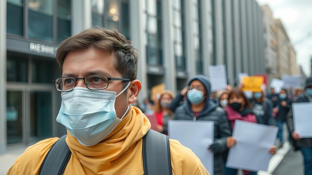 Man wearing protective mask on strike in front of office building during pandemic, demonstration, unemployed, protective mask