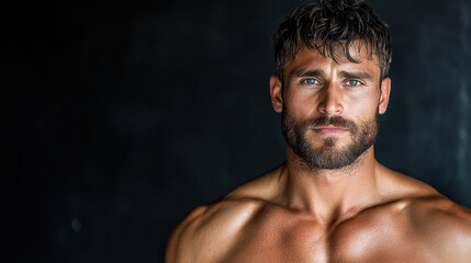 Intense gaze of chiseled man with muscular physique and beard