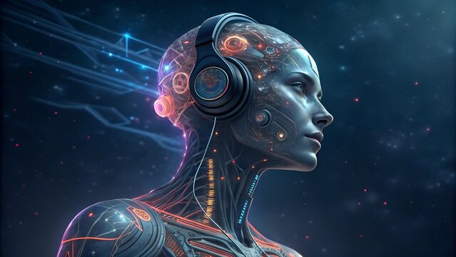 humanoid head with blue and yellow eyes and vibrant neon, Side view of a humanoid head with blue and yellow eyes, futuristic technology and artificial intelligence