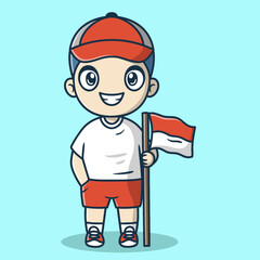 Obraz premium Cute boy mascot character holding an Indonesian flag