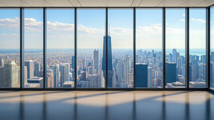 City skyline of empty office with floor-to-ceiling Windows