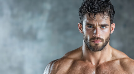 Obraz premium Intense man with muscular physique and focused expression in gym