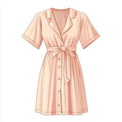 Elegant Peach Short Sleeve Button Down Shirt Dress with Tie Waist Fashion Illustration