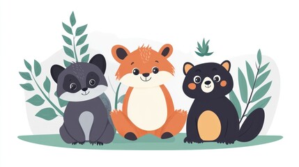Fototapeta premium Cute cartoon animals, fox, raccoon, and bear, sitting together in a nature scene.