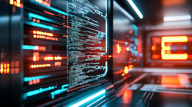 A computer monitor displays a complex code with many different colors. generated using AI