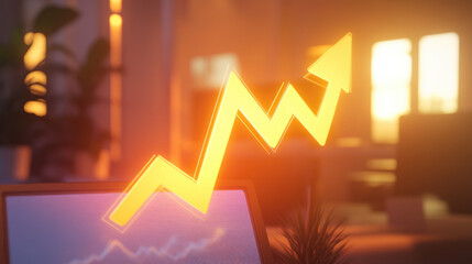 Glowing upward arrow graph on digital screen symbolizing positive company growth and future outlook, representing business success and financial progress.