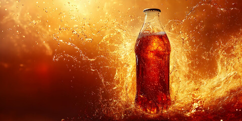 Dynamic Splash of Cola Beverage in Bottle Against a Vivid and Textured Background with Bubbles and Vivid Orange Hues Creating a Refreshing Atmosphere