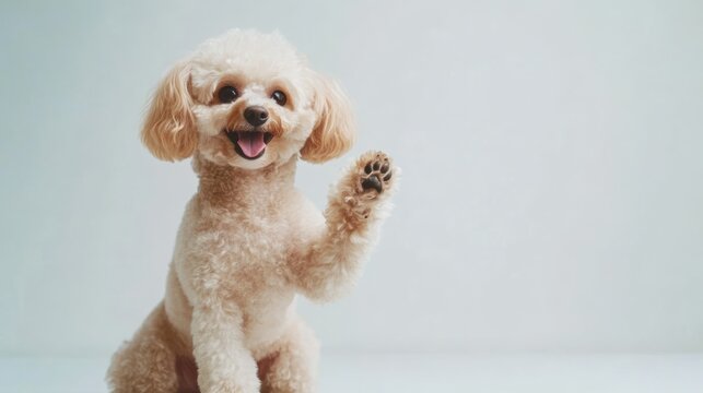 Adorable toy poodle puppy waving paw, sitting against a white background.