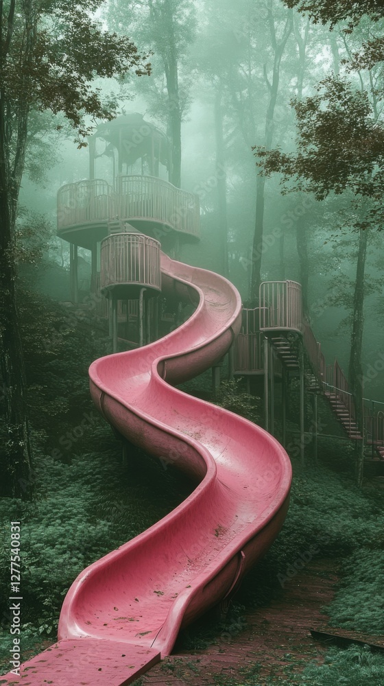 Poster surreal pink slides in an abstract playground surrounded by green mist.