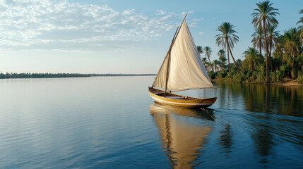 serene felucca boat glides across calm waters, surrounded by palm trees