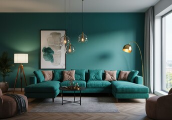 Modern living room teal velvet sectional sofa textured teal wall abstract art gold pendant lights wooden floor floor lamp