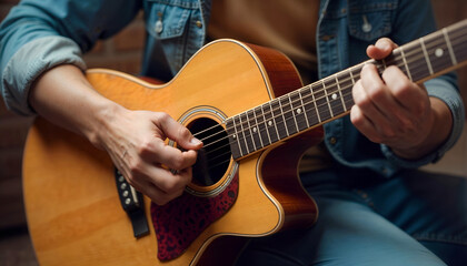 Fototapeta premium Close-up of hands playing an acoustic guitar with warm lighting in a cozy indoor setting. 