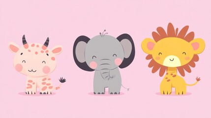 Obraz premium Cute cartoon animals, giraffe, elephant, and lion, standing in a row on a pink background.