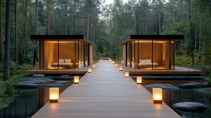 Serene forest retreat with modern cabins and illuminated pathway